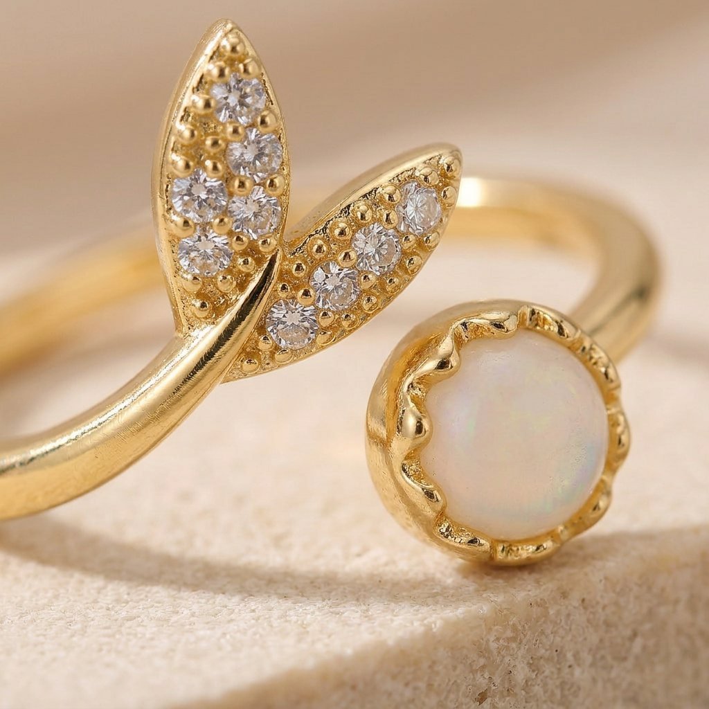Opal-Blatt-Ring mit Zirkonia-Steinen